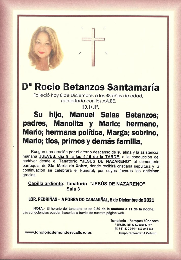 Defunción Dª ROCÍO BETANZOS SANTAMARÍA. Información y horarios.